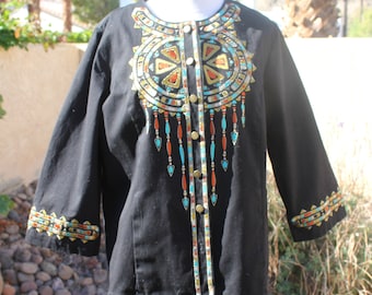 BOB MACKIE Wearable Art Native American Indian Design Black Cotton Stretch jacket