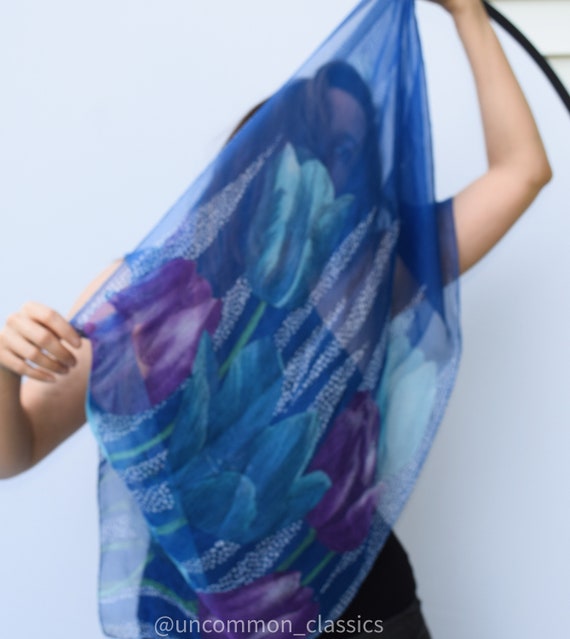 Vintage silk scarf. Silk Iris watercolor print sc… - image 5