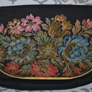 Vintage purse with colorful floral embroidery. Made in Hong Kong by Fine Arts. Black Floral handbag.