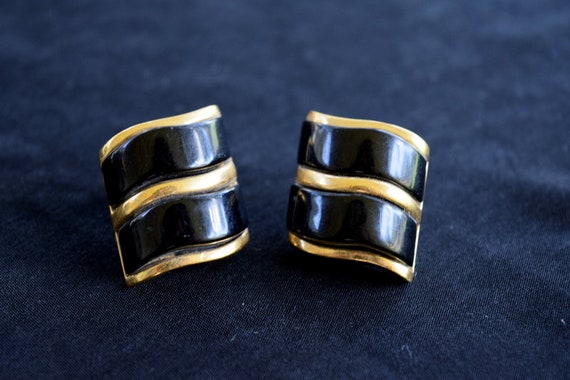1980’s power earrings in black and gold. Abstract… - image 2