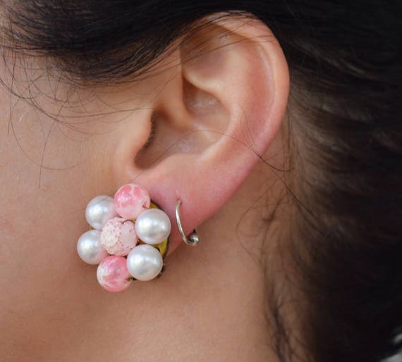 Pink beaded cluster earrings. Clip on earrings. S… - image 1