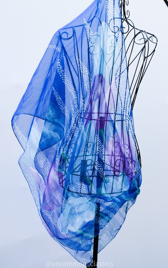 Vintage silk scarf. Silk Iris watercolor print sc… - image 1