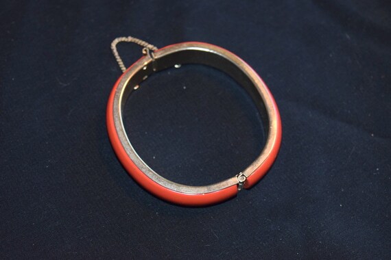 Red hinged clamper bracelet with safety chain sti… - image 2