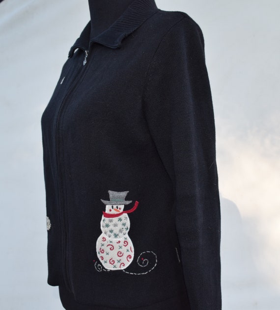 Vintage holiday sweater with snowman by Woolrich. Black zip up snowman cardigan/sweater. Christmas sweater. View 3