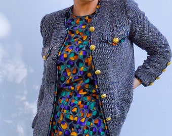 Adolfo of New York for Neiman Marcus Skirt suit. Vintage women’s suit. Colorful tweed skirt suit. 1980s power suit. Silk suit.