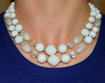 Double strand 1960's chunky white plastic and glass bead necklace. Made in Japan