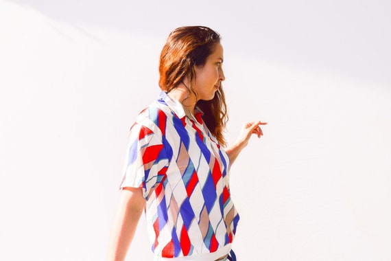 80’s polyester, multi colored shirt, with banded … - image 1