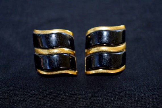 1980’s power earrings in black and gold. Abstract… - image 3