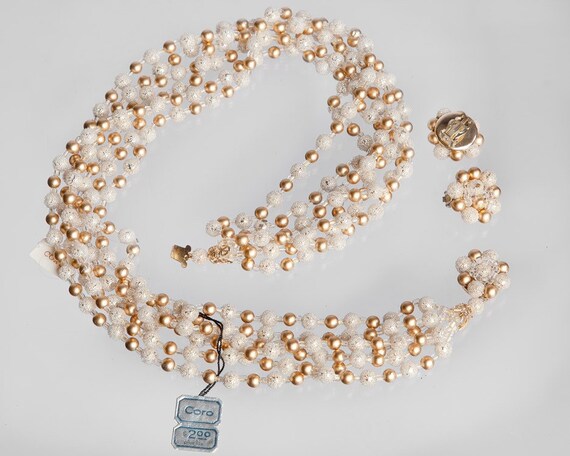 Coro white and gold beaded necklace and earring set. Regal midcentury jewelry. Dead stock. New with tags