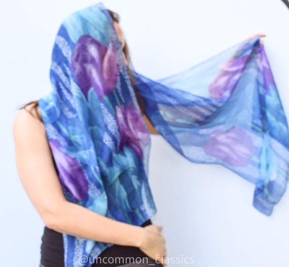 Vintage silk scarf. Silk Iris watercolor print sc… - image 2