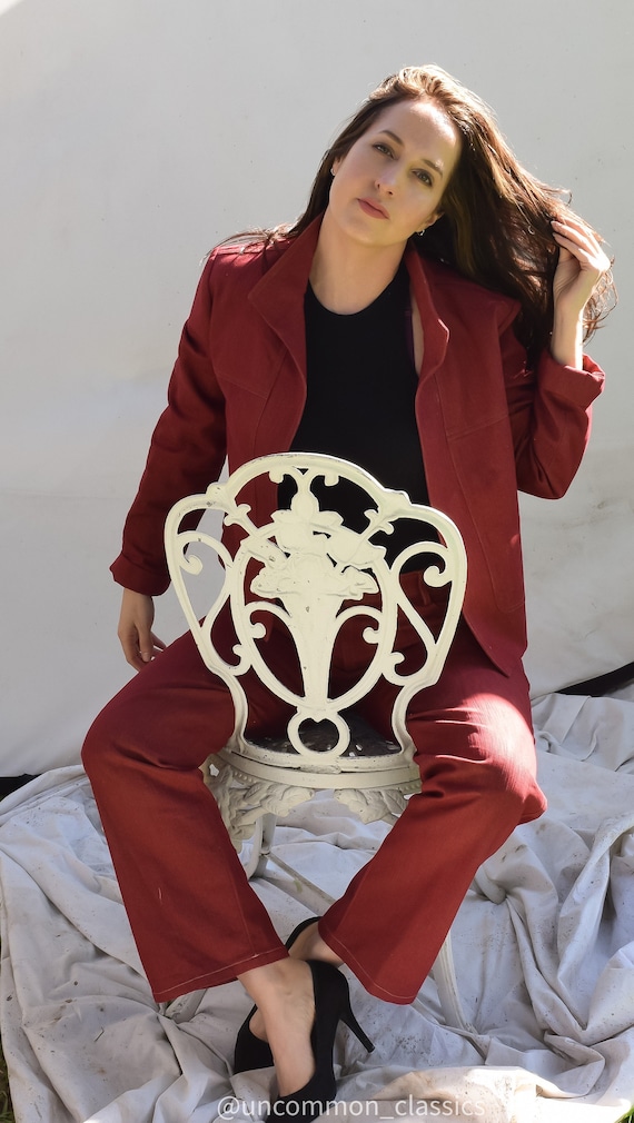 Red Denim suit by Ellen Tracy. 1990’s red pant sui