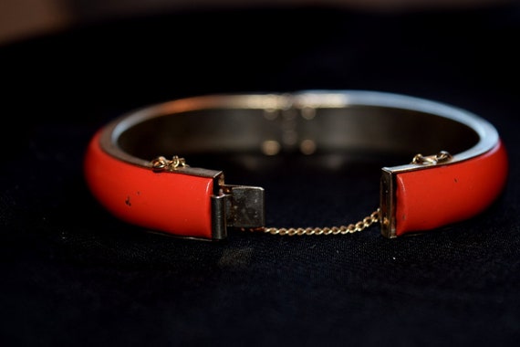 Red hinged clamper bracelet with safety chain sti… - image 4