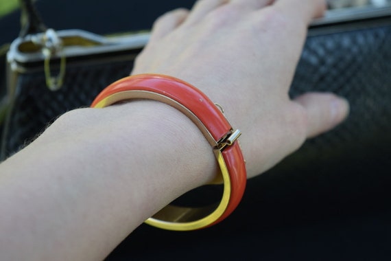 Red hinged clamper bracelet with safety chain sti… - image 1