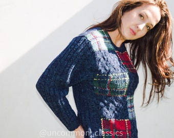 Liz Claiborne 1990’s ski sweater in a marled blue with a plaid design on front. Size S Ladies. Vintage Ski sweater by Liz Wear