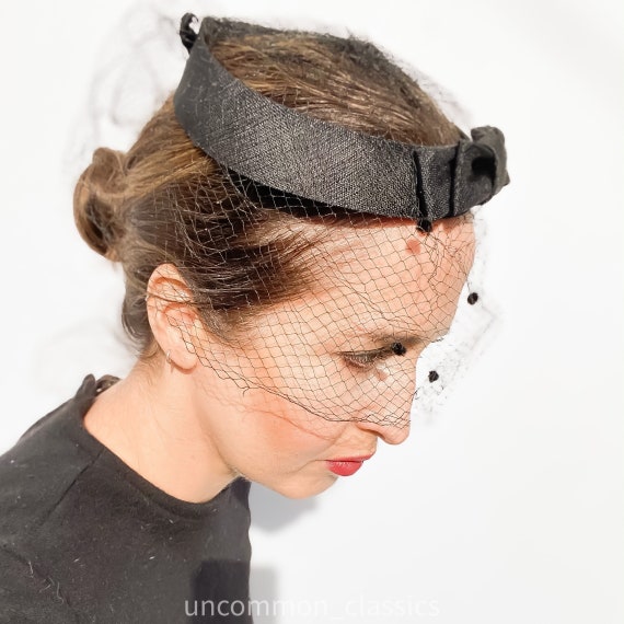 Black Fascinator/hat With Full Veil. Femme Fatale. Black Bow  display picture 2