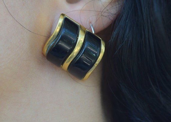 1980’s power earrings in black and gold. Abstract… - image 1