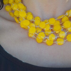 Yellow multi strand necklace. Charming and Unique lucite choker. Chunky midcentury necklace. Yellow and clear flat bead necklace.