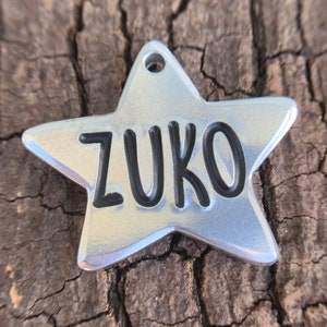 star shaped hand stamped pet ID tag (thick, durable, personalized, custom)