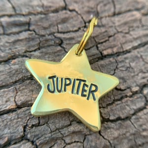 brass star shaped hand stamped pet ID tag (thick, durable, personalized, custom)