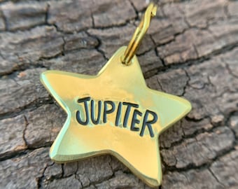 brass star shaped hand stamped pet ID tag (thick, durable, personalized, custom)