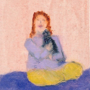 Redhead With Black Cat - Woman With Cat Oil Painting - Cat Lovers - Unique Gift - 7&quot; x 5&quot; - Violet And Yellow - Happiness - Janet Gunderson