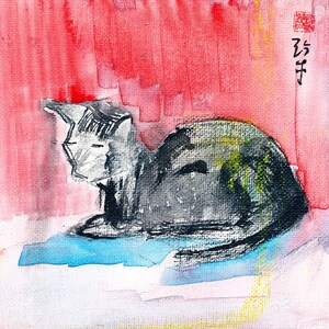 Cats | Cat Painting | Cat Art | Sumi Cat | Contemporary Cat | Cat Lovers | Cat Gifts | Asian Art | Abstract Cat |  Animals | Janet Gunderson