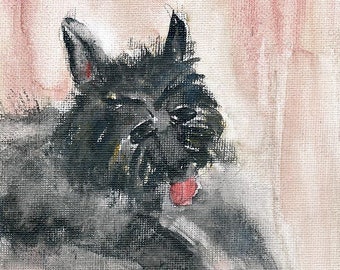 May include: A black and white painting of a dog with its tongue sticking out. The dog is lying down and has a relaxed expression. The background is a light pink color.