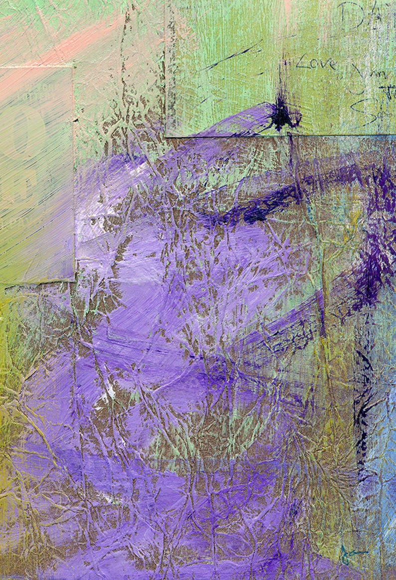 May include: Abstract painting with layers of purple, green, and brown paint. The paint is applied in a textured style, creating a sense of depth and movement. The words "Love You" are visible in the upper right corner of the painting.