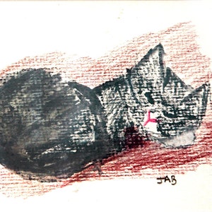 Kitten Sleeping On Red Blanket - Kitten Painting - 4&quot; x 6&quot; Cat Painting - Original Cat Painting -  Unique Cat Gift - Cat - Janet Gunderson