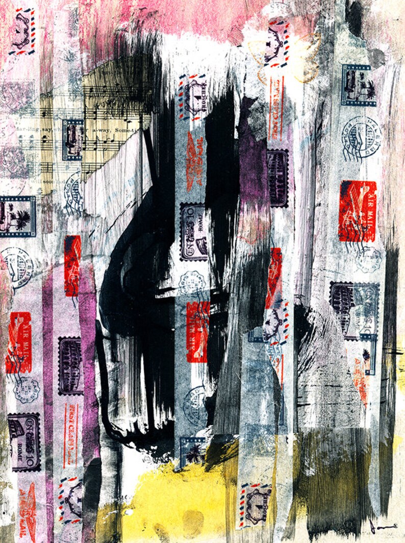 May include: Abstract art painting with a black and white brushstroke design. The background is a collage of vintage postage stamps and paper with red, blue, and yellow accents.