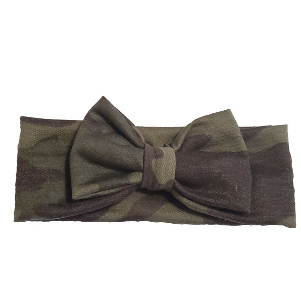 Camo head wrap, baby turban headband, stretchy knit headband