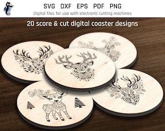 20 Coaster SVG | Reindeer SVG | Christmas SVG bundle | Glowforge Christmas | Winter svg | Laser engrave file | Laser Cutting, Commercial use
