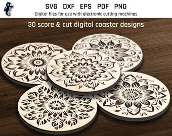 30 Coaster SVG | Laser engrave file | Flower engrave pattern | Glowforge cut files | Laser coaster file | Coaster template | Commercial use