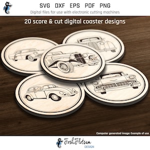 20 onderzetter-SVG | Lasergraveerbestand | Retro auto-SVG | Glowforge-snijbestanden | Laseronderzetterbestand | Sjabloon voor onderzetters | Commercieel gebruik