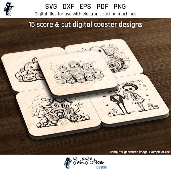 15 Coaster SVG, Laser engrave file, Laser cut file, Glowforge Halloween, CNC laser cutting, Halloween SVG, Laser coaster, Commercial use