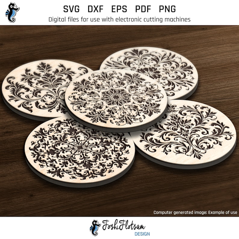 5 laser-engraved wooden coasters on a table featuring floral coaster designs from this SVG bundle.