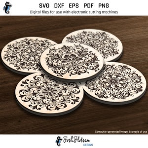 5 laser-engraved wooden coasters on a table featuring floral coaster designs from this SVG bundle.