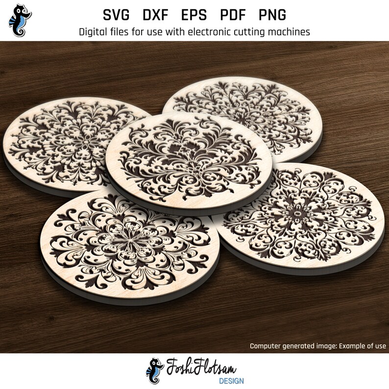 5 laser-engraved wooden coasters on a table featuring floral coaster designs from this SVG bundle.