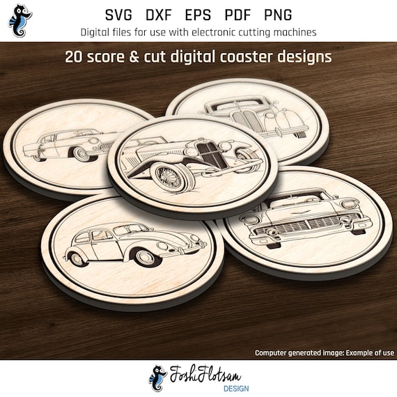 20 Coaster SVG | Laser engrave file | Retro car SVG | Glowforge cut files | Laser coaster file | Coaster template | Commercial use