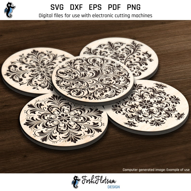 5 laser-engraved wooden coasters on a table featuring floral coaster designs from this SVG bundle.