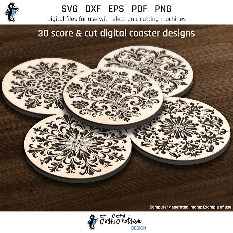 5 laser-engraved wooden coasters on a table featuring floral coaster designs from this SVG bundle.