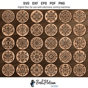 A mockup of 30 laser-engraved wooden coasters laid out flat showing all 30 floral coaster designs in this SVG bundle.