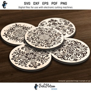 5 laser-engraved wooden coasters on a table featuring floral coaster designs from this SVG bundle.