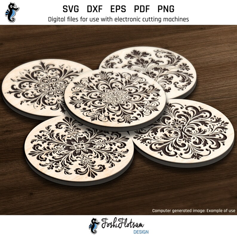 5 laser-engraved wooden coasters on a table featuring floral coaster designs from this SVG bundle.