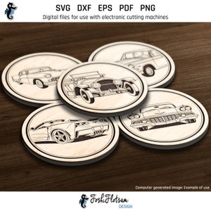 5 laser-engraved wooden coasters on a table featuring retro car coaster designs from this SVG bundle.