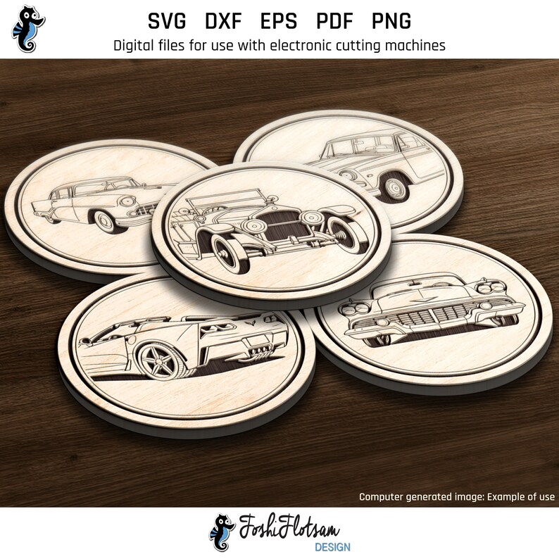 5 laser-engraved wooden coasters on a table featuring retro car coaster designs from this SVG bundle.
