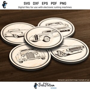 5 laser-engraved wooden coasters on a table featuring retro car coaster designs from this SVG bundle.