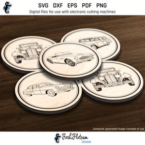 5 laser-engraved wooden coasters on a table featuring retro car coaster designs from this SVG bundle.