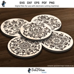 5 laser-engraved wooden coasters on a table featuring floral coaster designs from this SVG bundle.