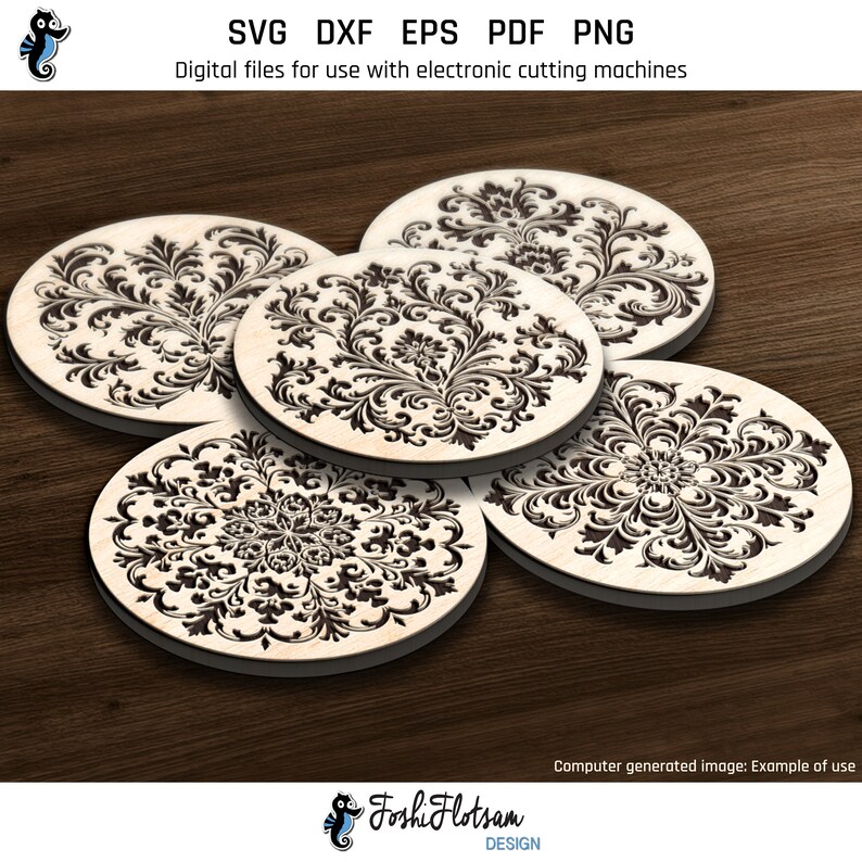 5 laser-engraved wooden coasters on a table featuring floral coaster designs from this SVG bundle.